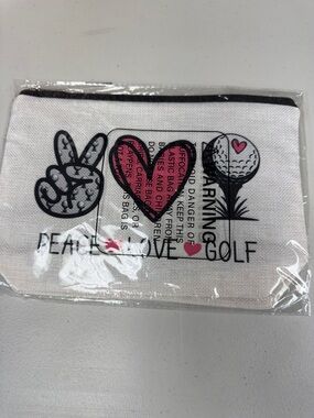 Peace Love Golf Canvas Cosmetic Pouch - White with Pink Accents